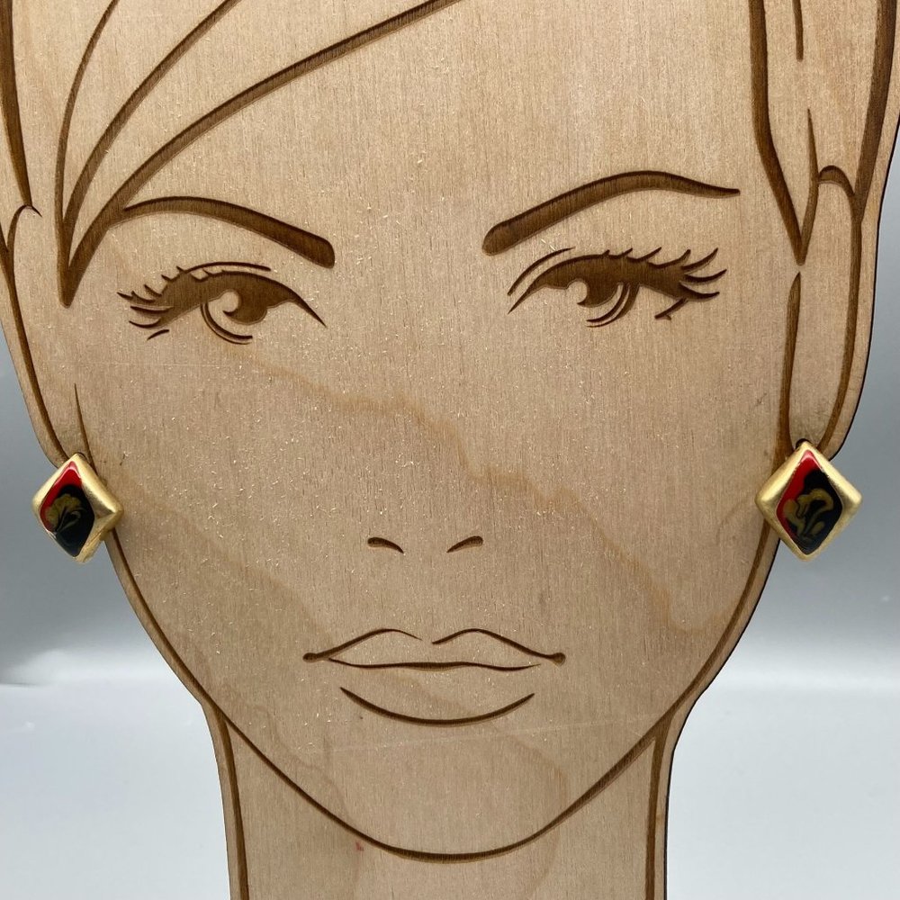 Chic Retro Stud Earrings, Gold Tone Harlequin with Red Black and Golden Swirl